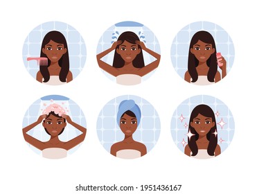 Black Beautiful Woman Washes her Head in the Bathroom.African American Lady and Hair Care. The Girl Applies Shampoo to her Head, uses Soap Foam,Towel. Flat Color Style. White background. Vector.