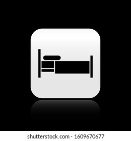 Black Bed icon isolated on black background. Silver square button. Vector Illustration