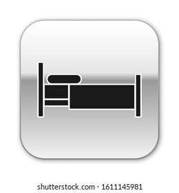 Black Bed icon isolated on white background. Silver square button. Vector Illustration