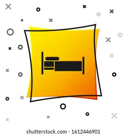 Black Bed icon isolated on white background. Yellow square button. Vector Illustration