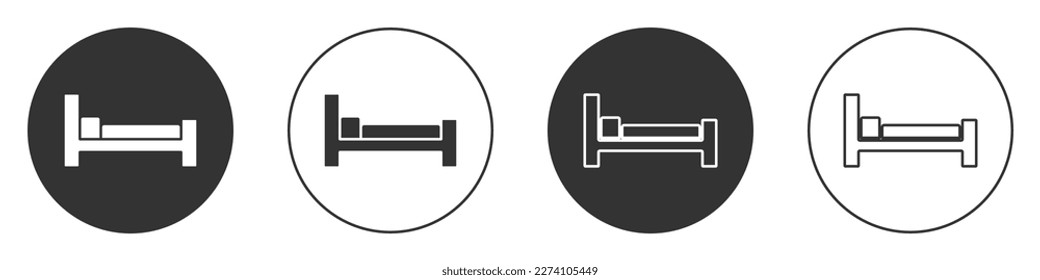 Symbol für das schwarze Bett einzeln auf weißem Hintergrund. Circle Button. Vektorgrafik
