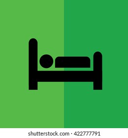 Black bed icon. Man sleeping vector illustration. Green background