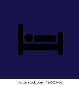 Black bed icon. Man sleeping vector illustration. Blue background