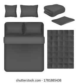 Black bed linen mockup set, vector illustration isolated on white background. Realistic bed, pillow, sheet, folded and unfolded blanket templates.