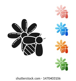 Black Bee and flower icon isolated on white background. Sweet natural food. Honeybee or apis with wings symbol. Flying insect. Set icons colorful. Vector Illustration