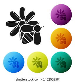 Black Bee and flower icon isolated on white background. Sweet natural food. Honeybee or apis with wings symbol. Flying insect. Set icons colorful circle buttons. Vector Illustration