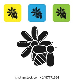 Black Bee and flower icon isolated on white background. Sweet natural food. Honeybee or apis with wings symbol. Flying insect. Set icons colorful square buttons. Vector Illustration