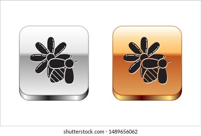 Black Bee and flower icon isolated on white background. Sweet natural food. Honeybee or apis with wings symbol. Flying insect. Silver-gold square button. Vector Illustration