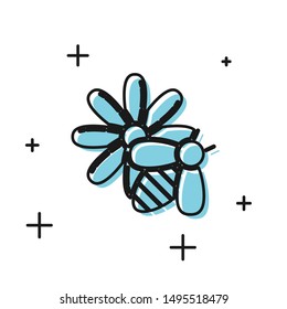 Black Bee and flower icon isolated on white background. Sweet natural food. Honeybee or apis with wings symbol. Flying insect.  Vector Illustration