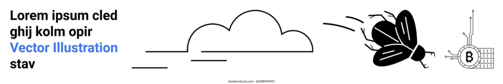 Black bee flying towards honeycomb element with letter B, cloud, and placeholder text. Ideal for educational content, website graphics, marketing materials, presentations, social media posts, blog