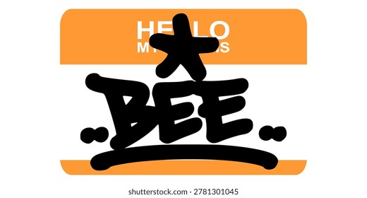 Black bee graffiti tag lettering on yellow and white name tag sticker. Creative urban street art design for world bee day, nature conservation, and organic honey branding.