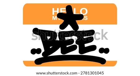 Black bee graffiti tag lettering on yellow and white name tag sticker. Creative urban street art design for world bee day, nature conservation, and organic honey branding.