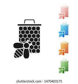 Black Bee and honeycomb icon isolated on white background. Honey cells. Sweet natural food. Honeybee or apis with wings symbol. Flying insect. Set icons colorful. Vector Illustration