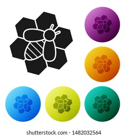 Black Bee and honeycomb icon isolated on white background. Honey cells. Honeybee or apis with wings symbol. Flying insect. Sweet natural food. Set icons colorful circle buttons. Vector Illustration