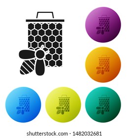 Black Bee and honeycomb icon isolated on white background. Honey cells. Sweet natural food. Honeybee or apis with wings symbol. Flying insect. Set icons colorful circle buttons. Vector Illustration