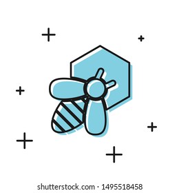 Black Bee and honeycomb icon isolated on white background. Honey cells. Honeybee or apis with wings symbol. Flying insect. Sweet natural food.  Vector Illustration