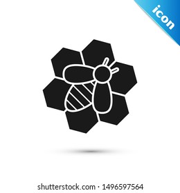 Black Bee and honeycomb icon isolated on white background. Honey cells. Honeybee or apis with wings symbol. Flying insect. Sweet natural food.  Vector Illustration