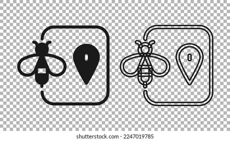 Icono del puntero del pin del mapa de ubicación de la abeja negra aislado en fondo transparente. Puntero de mapa de animales de granja.  Vector