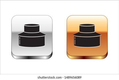 Black Beekeeper with protect hat icon isolated on white background. Special protective uniform. Silver-gold square button. Vector Illustration