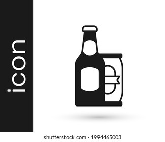 Black Beer bottle and beer can icon isolated on white background.  Vector