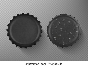 Black beer bottle caps and drops. Realistic vector illustration