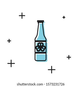 Black Beer bottle with four leaf clover icon isolated on white background. Happy Saint Patricks day.  Vector Illustration