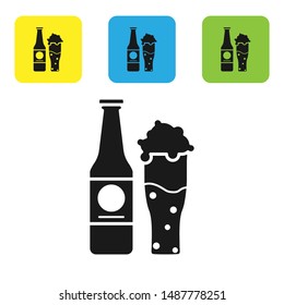 Black Beer bottle and glass icon isolated on white background. Alcohol Drink symbol. Set icons colorful square buttons. Vector Illustration