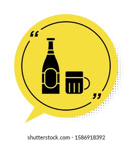 Black Beer bottle and glass icon isolated on white background. Alcohol Drink symbol. Yellow speech bubble symbol. Vector Illustration