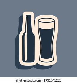 Black Beer bottle and glass icon isolated on grey background. Alcohol Drink symbol. Long shadow style. Vector Illustration