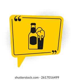 Black Beer bottle and glass icon isolated on white background. Alcohol Drink symbol. Yellow speech bubble symbol. Vector