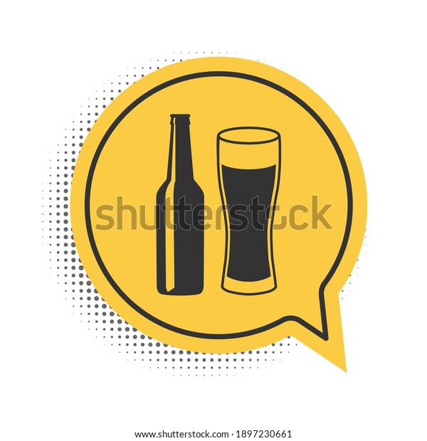 Black\
Beer bottle and glass icon isolated on white background. Alcohol\
Drink symbol. Yellow speech bubble symbol.\
Vector.