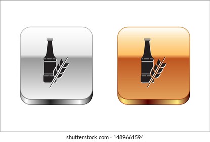 Black Beer bottle icon isolated on white background. Silver-gold square button. Vector Illustration