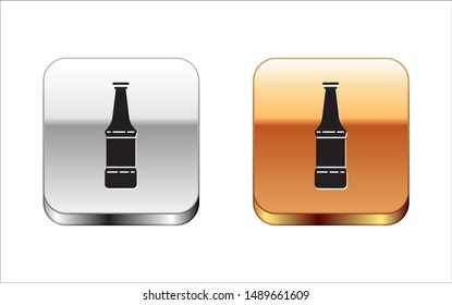 Black Beer bottle icon isolated on white background. Silver-gold square button. Vector Illustration