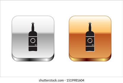 Black Beer bottle icon isolated on white background. Silver-gold square button. Vector Illustration