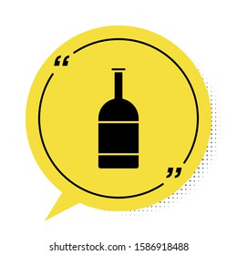 Black Beer bottle icon isolated on white background. Yellow speech bubble symbol. Vector Illustration