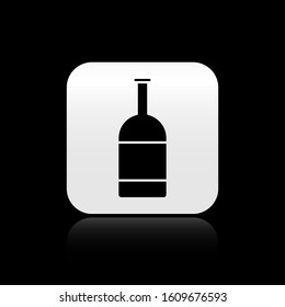 Black Beer bottle icon isolated on black background. Silver square button. Vector Illustration