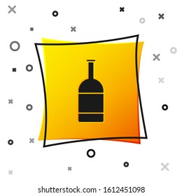 Black Beer bottle icon isolated on white background. Yellow square button. Vector Illustration
