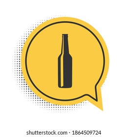 Black Beer bottle icon isolated on white background. Yellow speech bubble symbol. Vector.