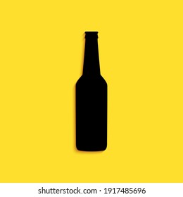 Black Beer bottle icon isolated on yellow background. Long shadow style. Vector.
