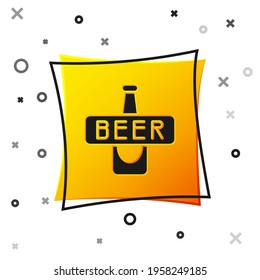 Black Beer bottle icon isolated on white background. Yellow square button. Vector