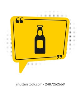 Black Beer bottle icon isolated on white background. Yellow speech bubble symbol. Vector