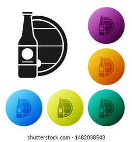 Black Beer bottle and wooden barrel icon isolated on white background. Set icons colorful circle buttons. Vector Illustration