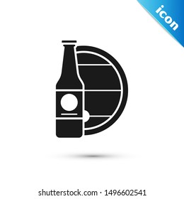 Black Beer bottle and wooden barrel icon isolated on white background.  Vector Illustration