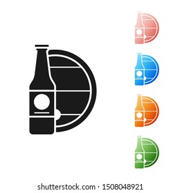 Black Beer bottle and wooden barrel icon isolated on white background. Set icons colorful. Vector Illustration