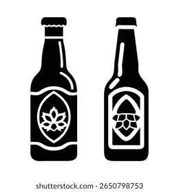 Silhueta de garrafas de cerveja preta com emblemas de lúpulo vetor de bebida de bebida