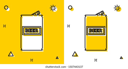 Black Beer can icon isolated on yellow and white background. Random dynamic shapes. Vector Illustration