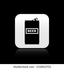 Black Beer can icon isolated on black background. Silver square button. Vector Illustration
