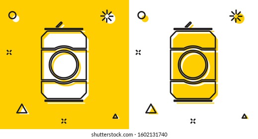 Black Beer can icon isolated on yellow and white background. Random dynamic shapes. Vector Illustration