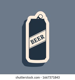 Black Beer can icon isolated on grey background. Long shadow style. Vector Illustration