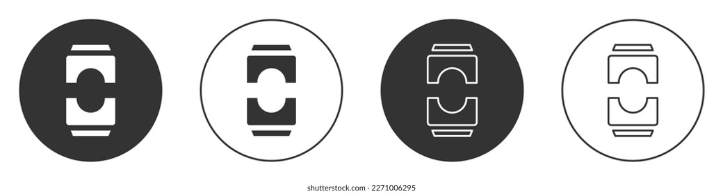 Black Beer can icon isolated on white background. Circle button. Vector Illustration